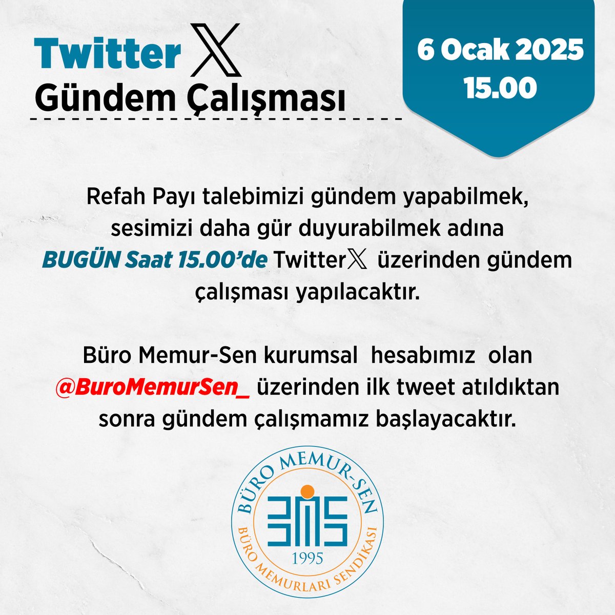 Refah Payı talebimizi gündem yapabilmek, sesimizi daha gür duyurabilmek adına BUGÜN Saat 15.00’de  Twitter üzerinden gündem çalışması yapılacaktır. 

Büro Memur-Sen kurumsal  hesabımız olan <a href="/BuroMemurSen_/">Büro Memur-Sen</a> üzerinden ilk tweet atıldıktan sonra gündem çalışmamız başlayacaktır.