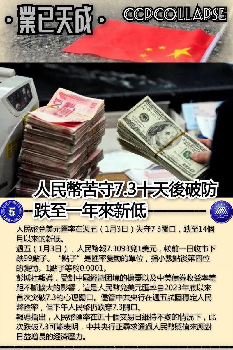 maryann_3040's tweet photo. 🧐吉林長春一集團公司發消費券代工資引關注😲
🧐人民幣苦守 7.3 十天後破防跌至一年來新低😤
🧐維權人士曝中共惡行恐嚇親友逼入孤立絕境🤢
🧐去火鍋店做服務員中國金融碩士慨嘆找工難🥹
#NFSCHAS
#澳喜特戰五中隊 https://t.co/EsLQjmmcpG