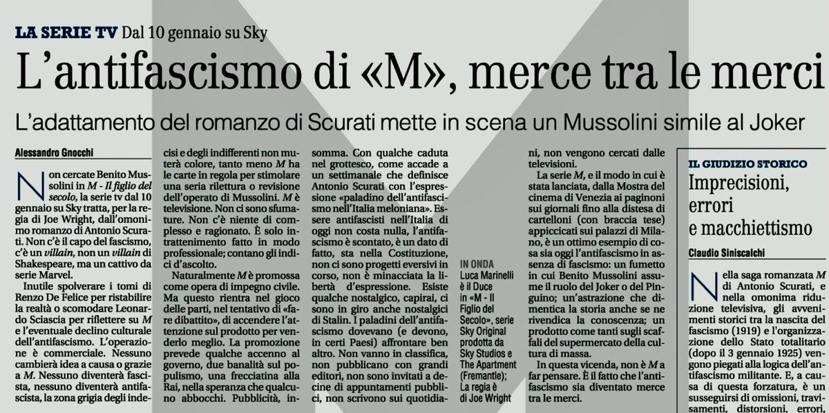 L’antifascismo di M, merce tra le merci. Il Giornale di oggi