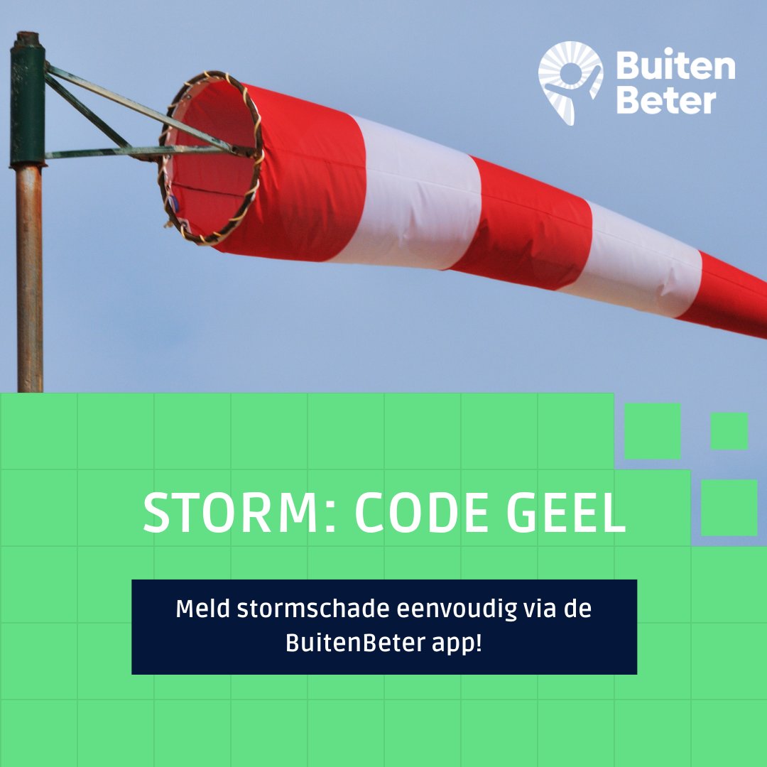 Vanmiddag en vanavond wordt in het hele land code geel afgegeven vanwege zware windstoten🌪️Stormachtig weer kan schade veroorzaken, zoals omgewaaide bomen, losse dakpannen of afgewaaide takken op de weg. Zie jij stormschade in jouw buurt? Meld het snel via de BuitenBeter app! 🚨