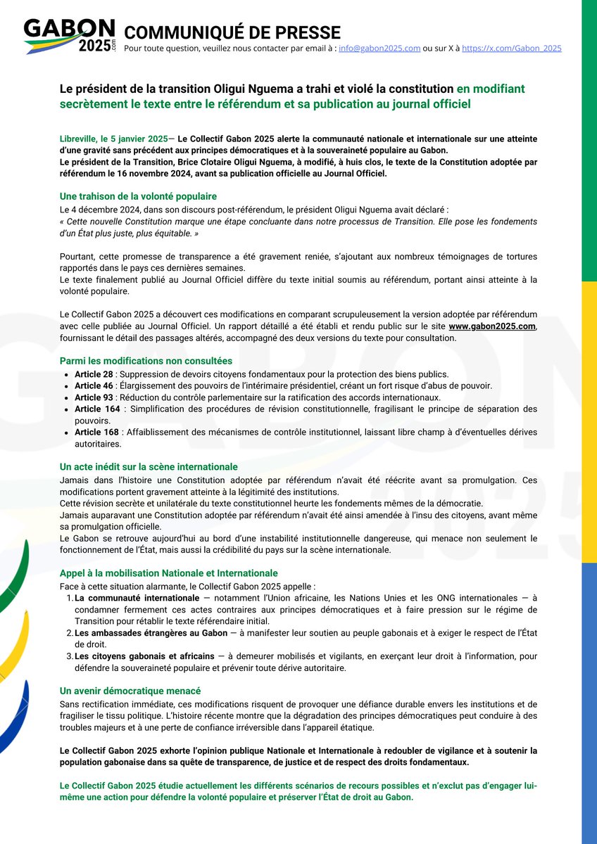 🚨 COMMUNIQUÉ
Le président de la Transition <a href="/oliguinguema/">Brice Clotaire Oligui Nguema</a>  a modifié en secret la Constitution adoptée par référendum ! Une trahison de la souveraineté populaire. 📜🇬🇦
➡️ Articles clés modifiés sans consultation :
-Suppression des devoirs citoyens
-Élargissement des pouvoirs