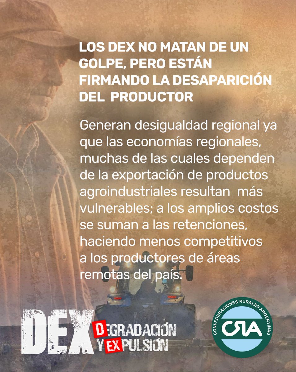<a href="/JMilei/">Javier Milei</a> <a href="/LuisCaputoAR/">totocaputo</a> <a href="/VickyVillarruel/">Victoria Villarruel</a> <a href="/fedesturze/">Fede Sturzenegger</a> ❌ Urgente eliminación de los DEX ya!
Porque están firmando la desaparición del productor.
#EliminenLasRetenciones

<a href="/JMilei/">Javier Milei</a> <a href="/LuisCaputoAR/">totocaputo</a> <a href="/VickyVillarruel/">Victoria Villarruel</a> <a href="/fedesturze/">Fede Sturzenegger</a>