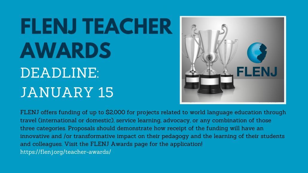Happy Monday, FLENJ Friends! We have some exciting opportunities for both teachers &amp; students alike. Funding is available for student scholarships and teacher award projects 🤑  Find more information on our website. The deadline to apply is January 15th. buff.ly/3O0UQCF