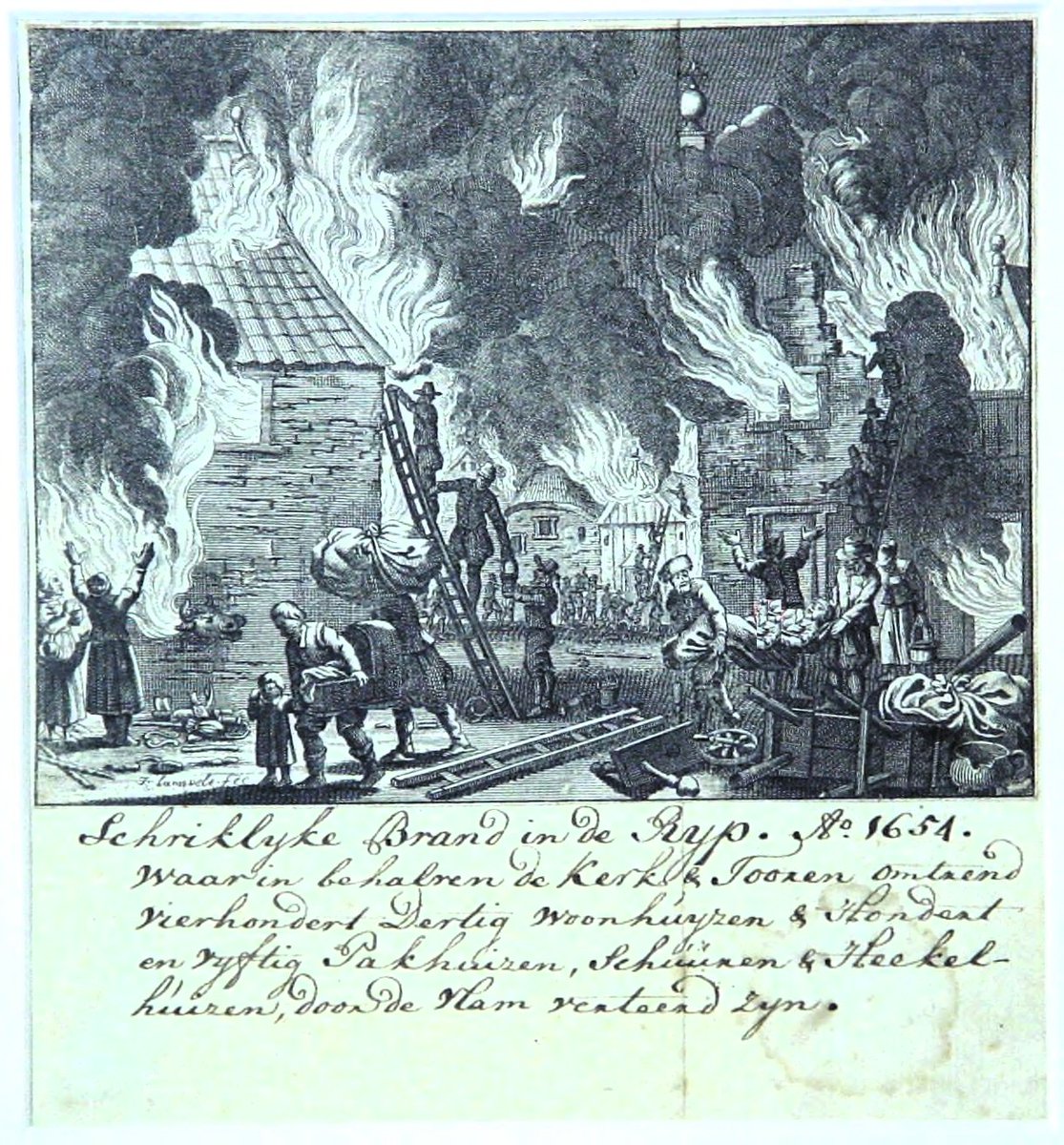 Gravure van de 'Schriklijke brand in De Rijp Ao. 1654'
Wat een ramp op 6 januari 1654 in De Rijp. Bij de brand zijn naast de kerk en kerktoren ook 430 woonhuizen en 150 pakhuizen, schuren en hekelhokken verbrand.