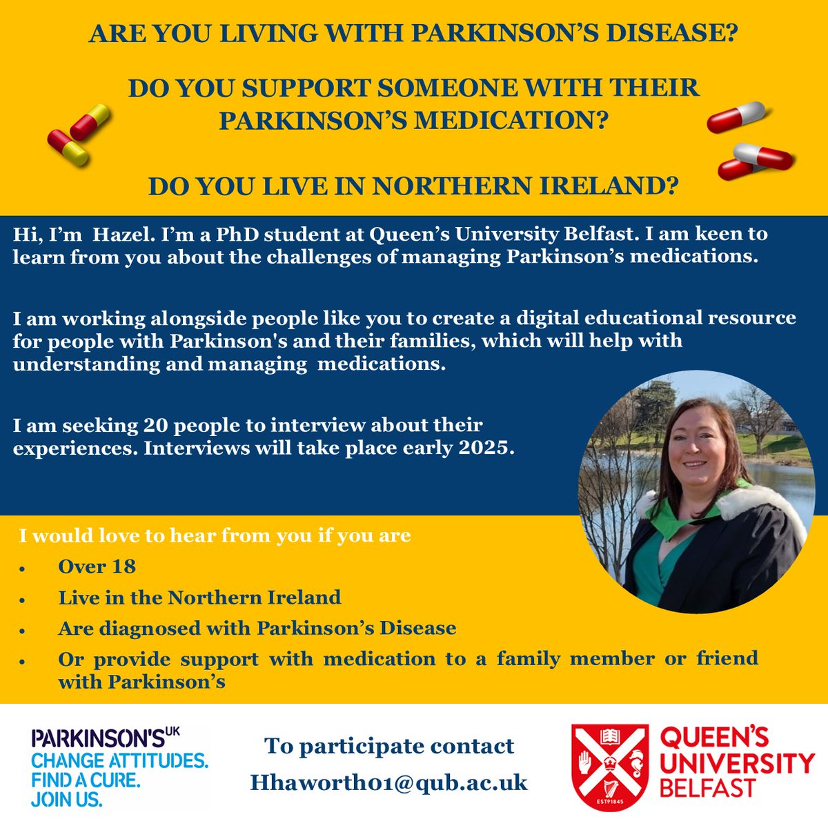 Hazel Haworth (@hazel__haworth) on Twitter photo If you're in Northern Ireland and either live with Parkinson's or help a loved one manage their Parkinson's medication, I’d love to hear from you as part of my research at <a href="/QUBSONM/">QUBNursing&Midwifery</a>. Interviews will be held in the coming weeks. For more details, please email hhaworth01@qub.ac.uk. If you're in Northern Ireland and either live with Parkinson's or help a loved one manage their Parkinson's medication, I’d love to hear from you as part of my research at <a href="/QUBSONM/">QUBNursing&Midwifery</a>. Interviews will be held in the coming weeks. For more details, please email hhaworth01@qub.ac.uk.