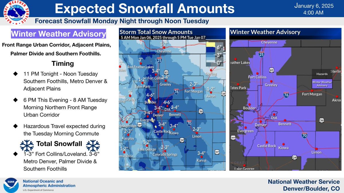 Winter Weather Advisory in effect for the Southern Foothills, Front Range Urban Corridor, Palmer Divide and Adjacent Plains tonight into Tuesday morning. 2-6" of snow expected with hazardous travel conditions impacting the Tuesday morning commute. #cowx