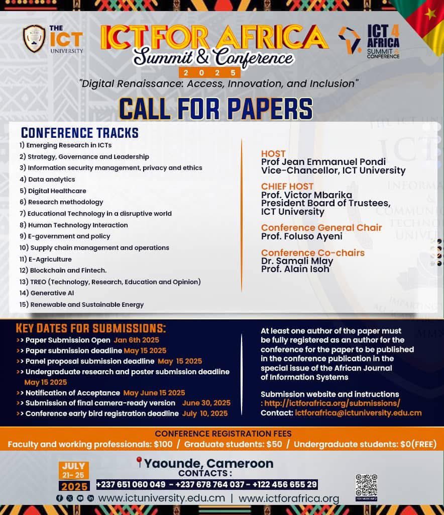 Our 2025 ICT for Africa conference has just been announced. Plan to be in Yaounde, Cameroon for this great summit. 

We are pleased to announce the opening of paper submissions.

Submit your papers today
ictforafrica.org/submissions