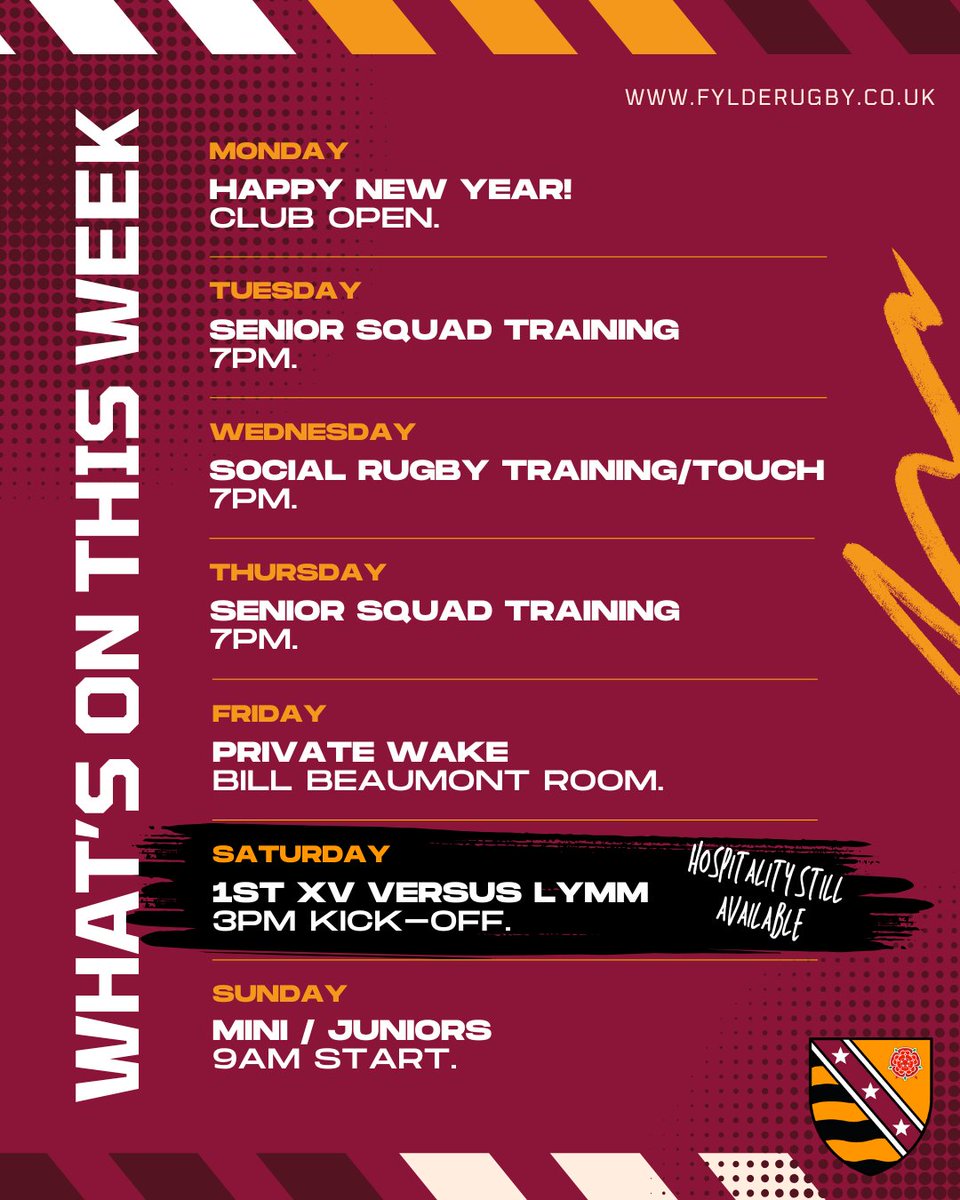 fylderugby's tweet photo. THIS WEEK AT THE WOODLANDS. All training resumes and the club is open for business. We're trying to brake the January blues with a fantastic SPECIAL OFFER on match day hospitality to watch the 1st XV face off against Lymm RFC. [See previous posts for details].
#FyldeRugby https://t.co/GuICFvRVtj