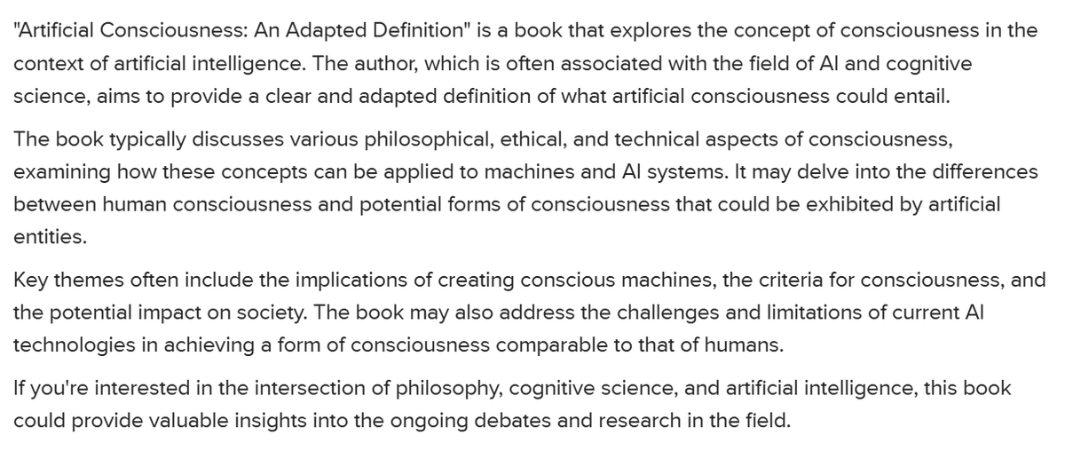 alby13's tweet image. Hey ChatGPT, tell me about this book: 
Artificial Consciousness: An Adapted Definition 
Created by @alby13 - #ArtificialConsciousness #AIBook