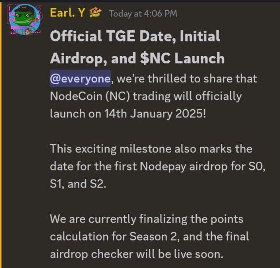 Nodepay Listing Officially Postponed 🪂

Airdrop will include Season 0 + 1 + 2 
Checker will go live soon 👀

Listing will take place on 14th Jan 🗓️