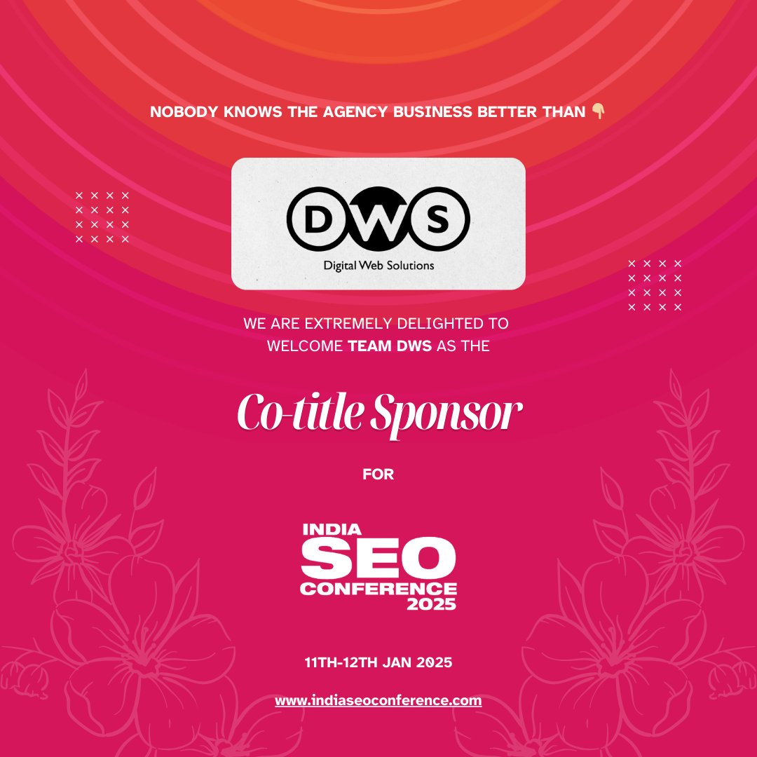 Happy to welcome Team DWS Group as the Co-Title Sponsor for the India SEO Conference 2025! Get ready for an unforgettable experience!

#IndiaSEOConference2025 #SEOCommunity #SearchMarketing #LearnSEO #GrowWithSEO #ISC2025 #VibeofIndianSEO #DigitalMarketing #SEO