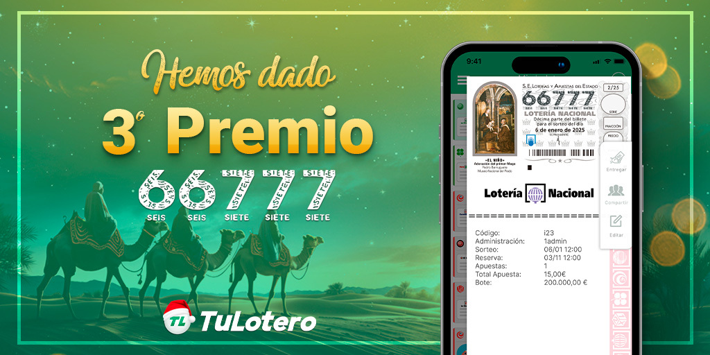 ¡Hemos dado el 3º Premio! El 66777
¡Enhorabuena a nuestros usuarios premiados!