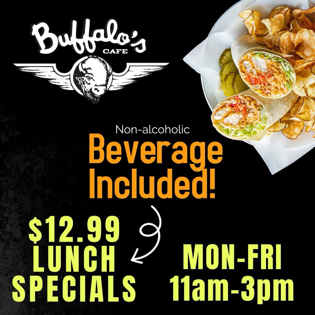 BuffalosAcworth's tweet photo. Savor the midday magic with our irresistible lunch specials, served Monday- Friday from 11am to 3 pm, complete w/a refreshing non-alcoholic beverage!🥤 
Don’t miss out on this delectable deal! #LunchSpecials https://t.co/fsBEpOrsn2