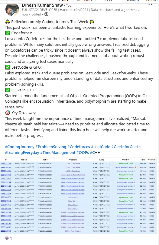 theCodeCrusader's tweet photo. @CodeSamaaj this is day 6/30 today i explore a another problem on codeforces and did it
at the end i tried a problem on leetcode but it did not got solved by me :(
#30daysteak #codesamaaj https://t.co/6JuZ9PGxvv