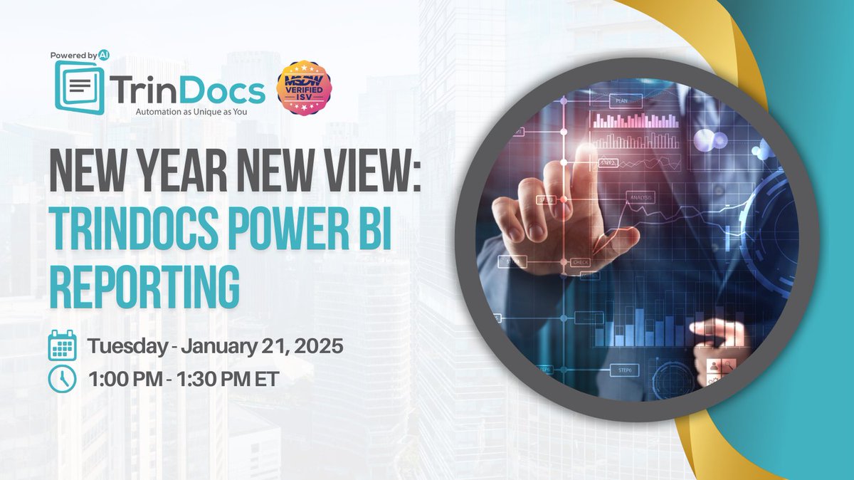 trindocs's tweet image. 🥳 New Year New View: TrinDocs Power BI Reporting 🥳

📅 Tuesday, January 21
⌚ 1:00 pm ET
🔗 trindocs.com/resources/#web…

🎉 Kick off the new year by unlocking the full potential of your data with TrinDocs and Power BI!

#trindocs #powerbi #reporting #webinar