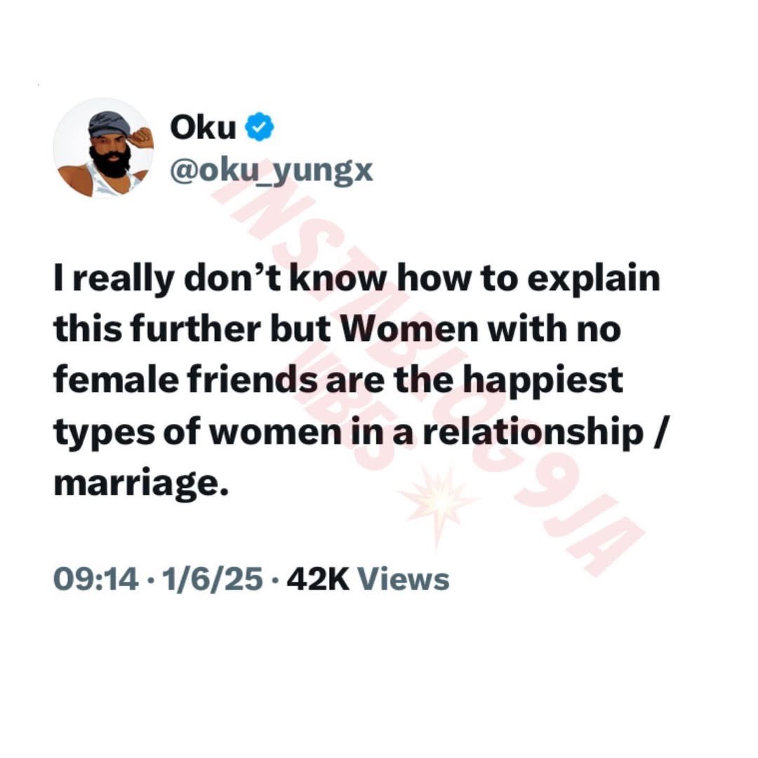 instablog9ja's tweet photo. Trending Thoughts: ‘Women with no female friends are the happiest in relationships’ — Aviator sparks a debate online 👇 https://t.co/AKrv47zajV