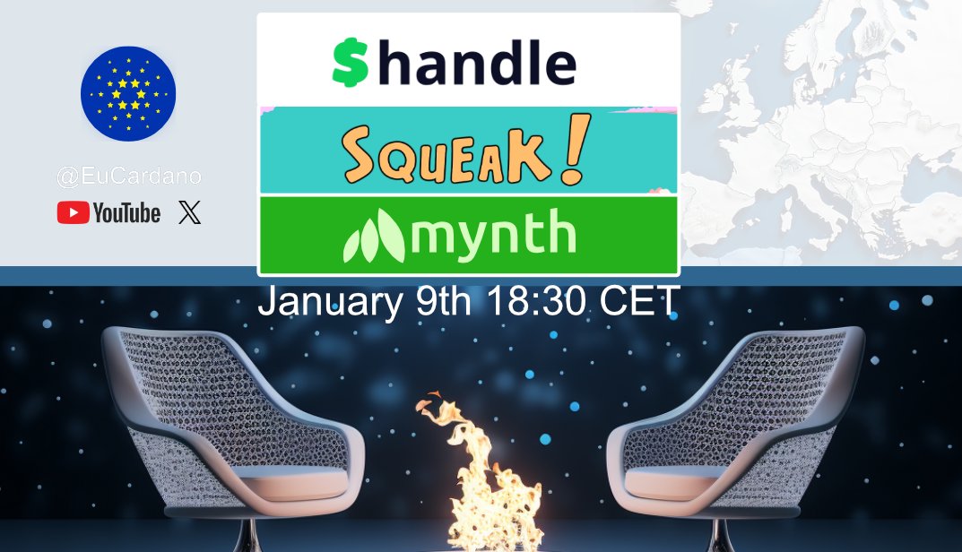 1/🧵 #Cardano <a href="/Cardano/">Cardano Community</a> #SaveTheDate &amp; #RT!
The next EU Fireside Chat is on Jan 9th, 18:30 CET 🔥

Learn more about #subhandles for readable addresses, how to build the #cutestNFT and #bridging between chains!

Meet the leading voices of

<a href="/adahandle/">$handle</a> 
<a href="/Squeakers_NFTs/">SqueakySqueakers</a> 
<a href="/_mynth_/">Mynth</a> 

❤️