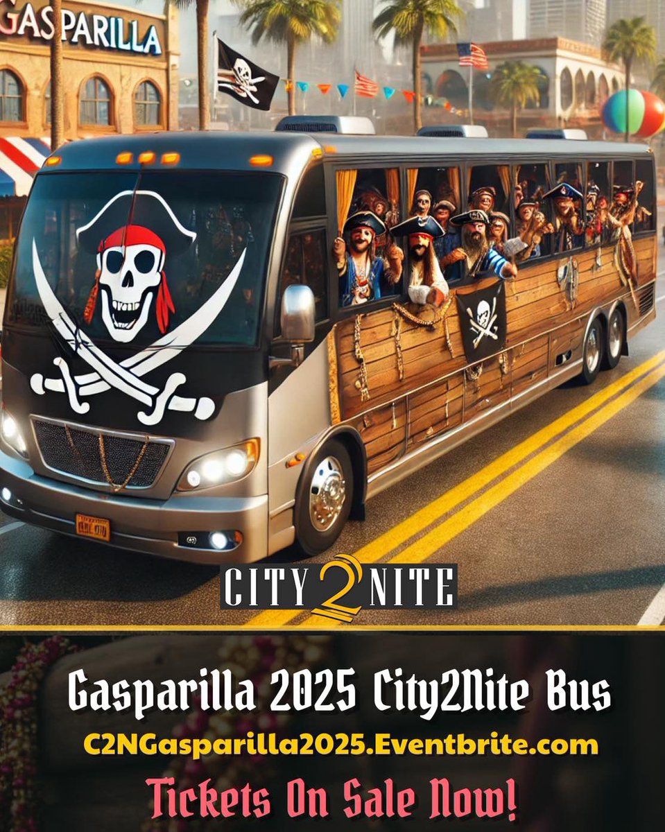 🚨🏴‍☠️ SECOND BUS JUST LAUNCHED! 🎉
Ahoy, mateys! The 1st bus sold out faster than ever, and now our 2nd bus is officially on sale! Don’t wait—spots are going FAST, and ye don’t want to miss the 10th Annual City2Nite Gasparilla Bus Trip!

🌟 What Ye Need to Know:
🚍 Round-trip on
