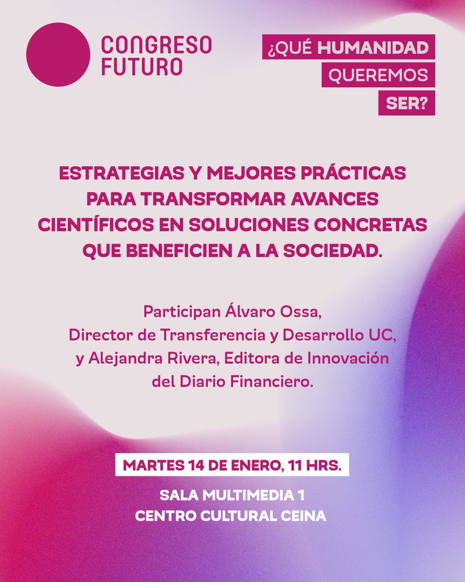 Ediciones UC (@edicionesuc) on Twitter photo ¡Transforma tus ideas en innovación! 🚀 Aprende a llevar tu investigación al mercado en el taller “Del laboratorio al mercado” en <a href="/congresofuturo/">Congreso Futuro</a> 🌟
📅 14 enero | 🕚 11:00 | 📍 Centro CEINA
Con: Álvaro Ossa y Alejandra Rivera
Más info 👉 congresofuturo.cl ¡Transforma tus ideas en innovación! 🚀 Aprende a llevar tu investigación al mercado en el taller “Del laboratorio al mercado” en <a href="/congresofuturo/">Congreso Futuro</a> 🌟
📅 14 enero | 🕚 11:00 | 📍 Centro CEINA
Con: Álvaro Ossa y Alejandra Rivera
Más info 👉 congresofuturo.cl