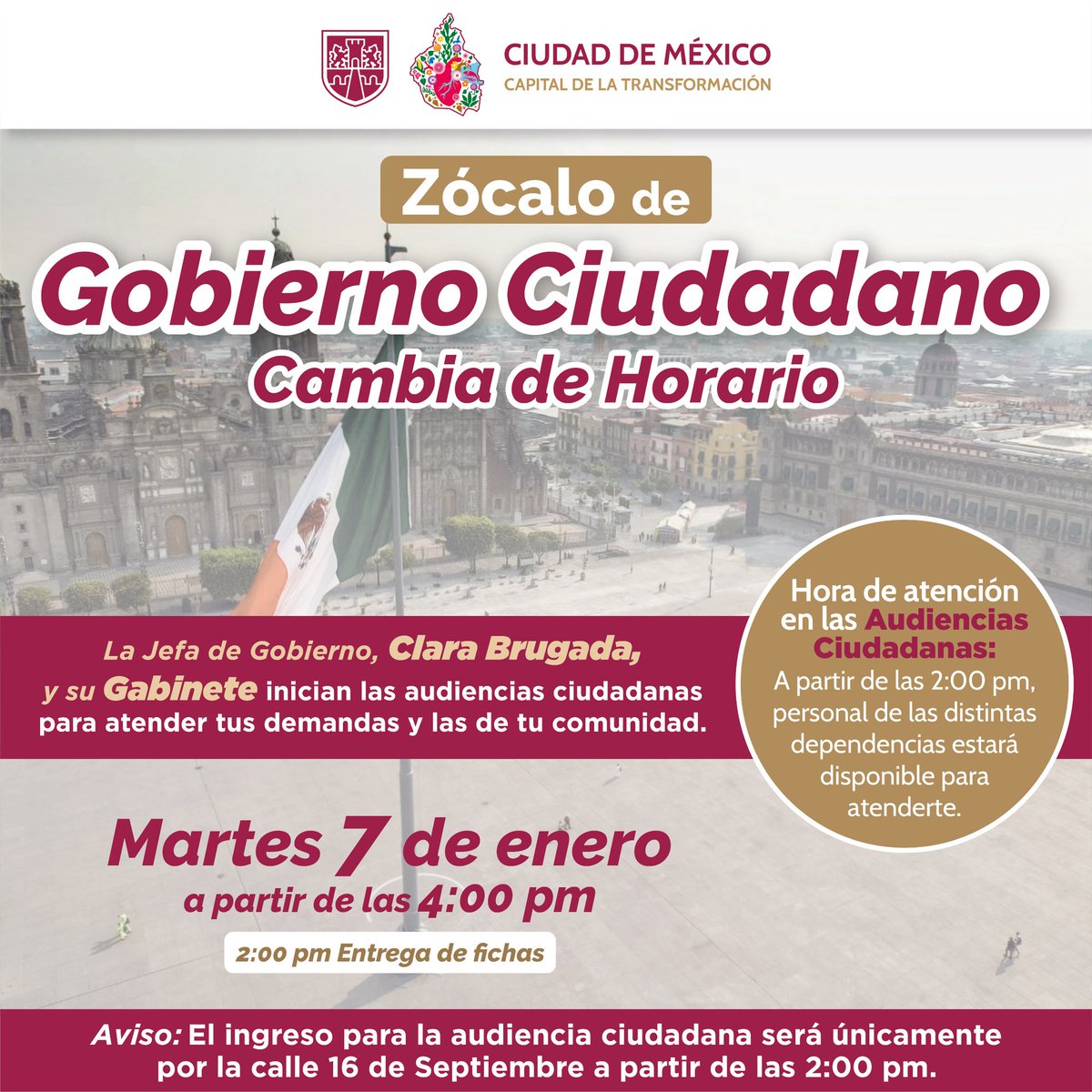 La audiencia "Zócalo de Gobierno Ciudadano" del martes 7 de enero cambia de horario.