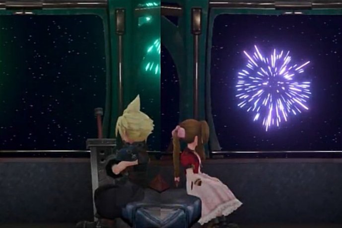 Not only are they strikingly posed back to back, but they’re also gazing at fireworks in colors that represent the other. Cloud looks at green (Aerith) on the left and Aerith at blue (Cloud) on the right 💚💙