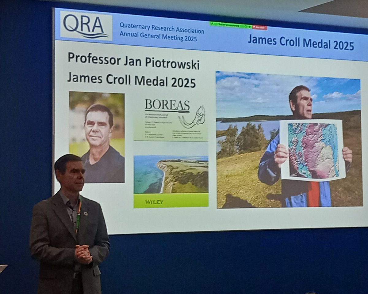 Fantastic to see Prof Jan Piotrowski get the <a href="/QuaternaryRA_UK/">QRA</a> James Croll medal today. It all started with #drumlins apparently!