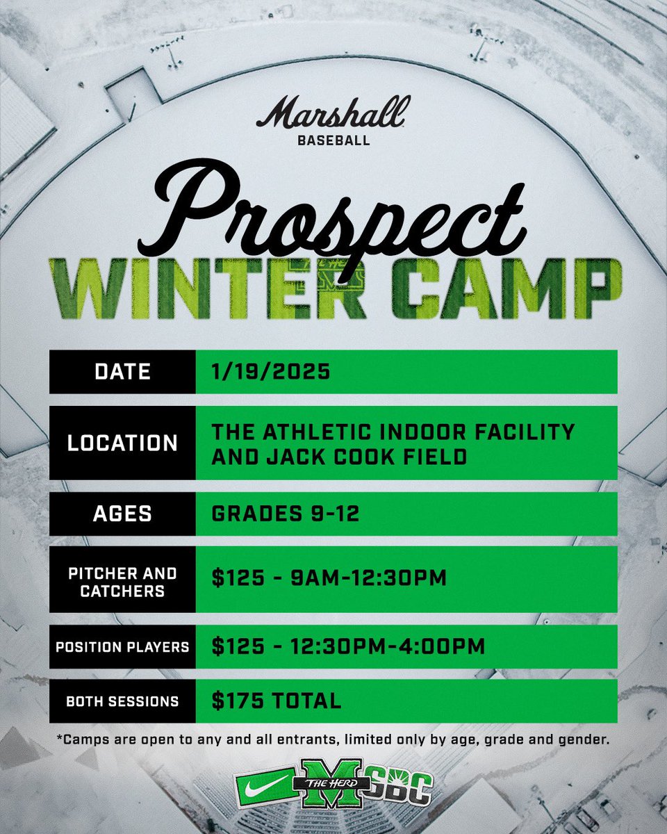 Stuck inside today? Take a look at our upcoming Prospect Camp and join us on January 19th! ❄️🤘

🔗: bit.ly/BSBWinterCamp

#WeAreMarshall