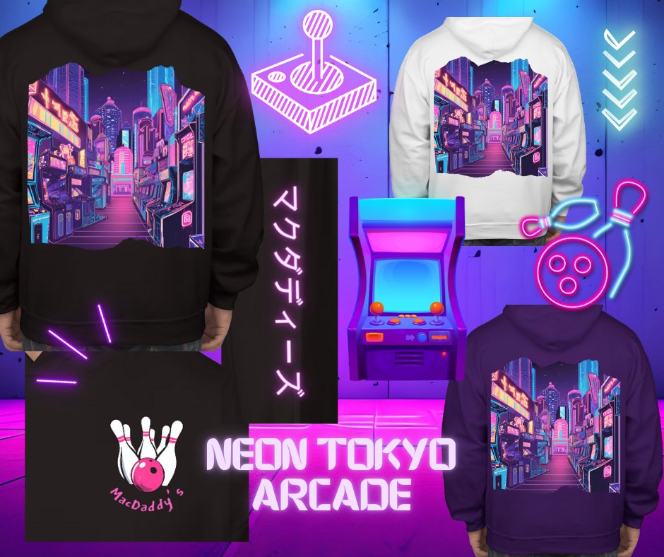 MacDaddys1's tweet photo. Mac Daddy's needs YOUR help! We want to release more merch! Each design would come in the shown colors, adult/youth sizes, and will have a hoodie/T-shirt!

🎳 - Vintage Mac Daddy's
👾 - Neon Tokyo Arcade
🧸 - Cutesy Claw Machine

COMMENT your fave(s)!!! https://t.co/rPKGOqwtjc