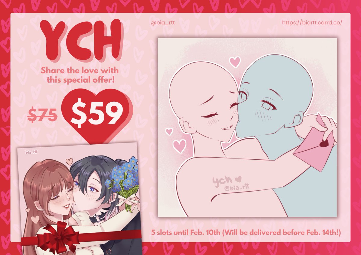 Valentine’s Day commissions are open and I got you 2 offers! 🤭💌

ʚ 15% OFF on any couple order
ʚ YCH Couple Icon 

Read more below...
[rts are highly appreciated ]