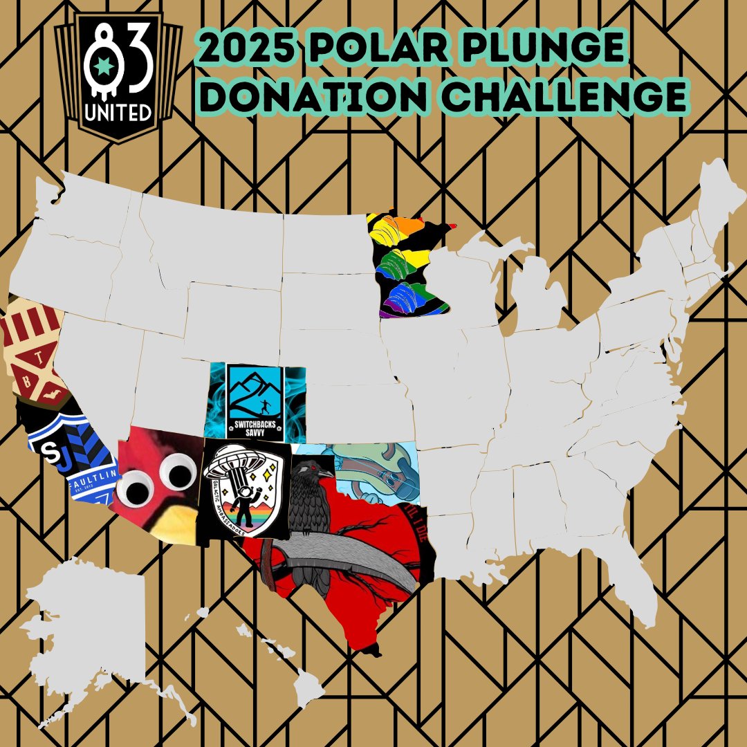 83_United's tweet photo. Happy Monday! Here's your updated map for our 2025 Polar Plunge w/ @sooklahoma. It's still looking awfully blank, where's our East Coast SG's at?! Is your state already claimed? Grab another maybe your rivals😂 https://t.co/r1pvJvHEPu Thank you @DentonHarbinger for your donation! https://t.co/bInv18d6h2