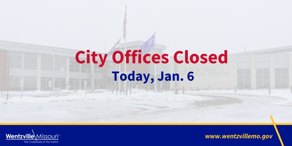 WentzvilleMo's tweet photo. Due to additional overnight snowfall, Wentzville City Hall is closed today, Jan. 6. We plan to reopen Jan. 7, weather permitting. Updates on closures and solid waste impacts: visit https://t.co/rtBsNNA1SJ or follow us on X. Stay safe and warm! https://t.co/lm3L9PIU5T