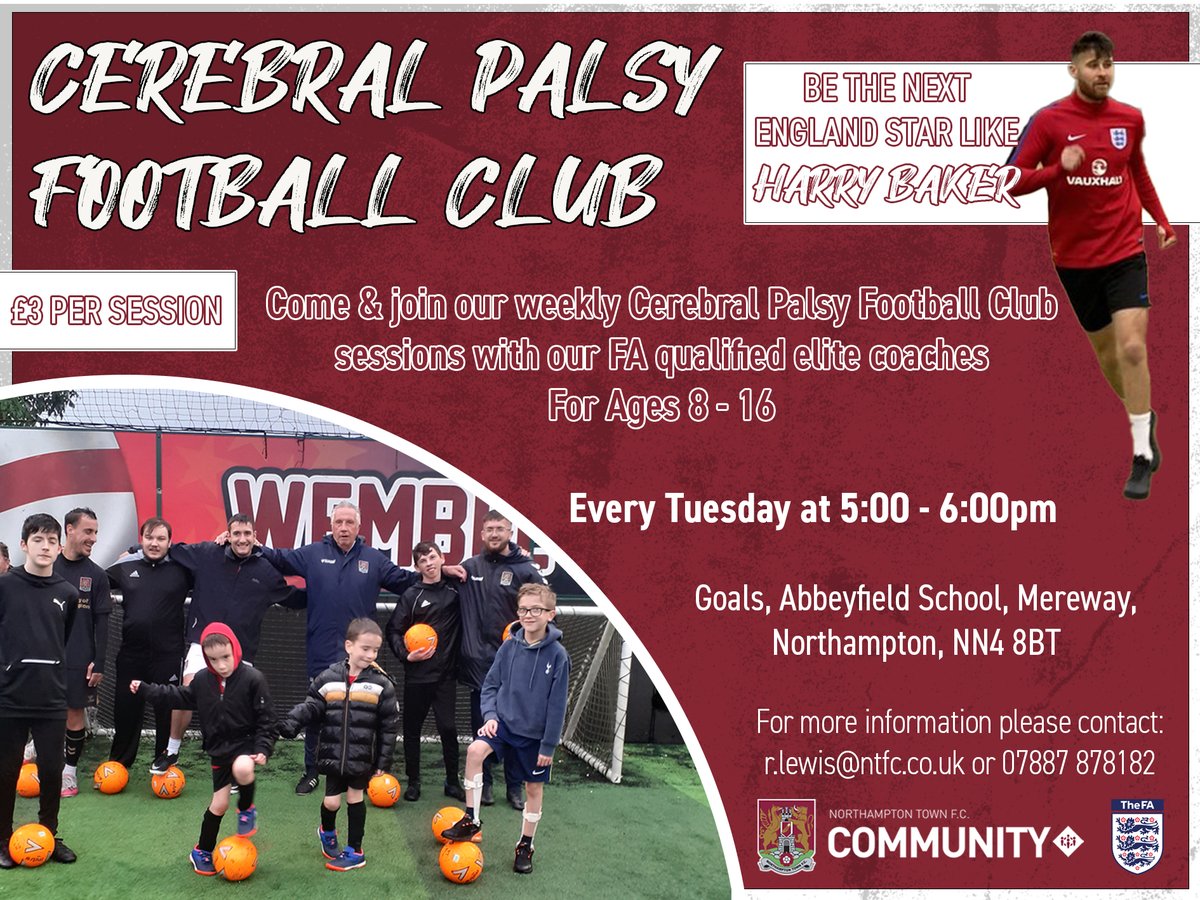 Cerebral Palsy Sport (@cp_sport) on Twitter photo Are you looking for an opportunity for your child in the Northamptonshire area?
Northampton Town FC Community run CP Football sessions for children aged 8-16 every Tuesday from 5-6pm.
For more information, please see attached.
<a href="/ntfc/">Northampton Town</a> <a href="/NorthantsFA/">Northamptonshire FA</a> Are you looking for an opportunity for your child in the Northamptonshire area?
Northampton Town FC Community run CP Football sessions for children aged 8-16 every Tuesday from 5-6pm.
For more information, please see attached.
<a href="/ntfc/">Northampton Town</a> <a href="/NorthantsFA/">Northamptonshire FA</a>