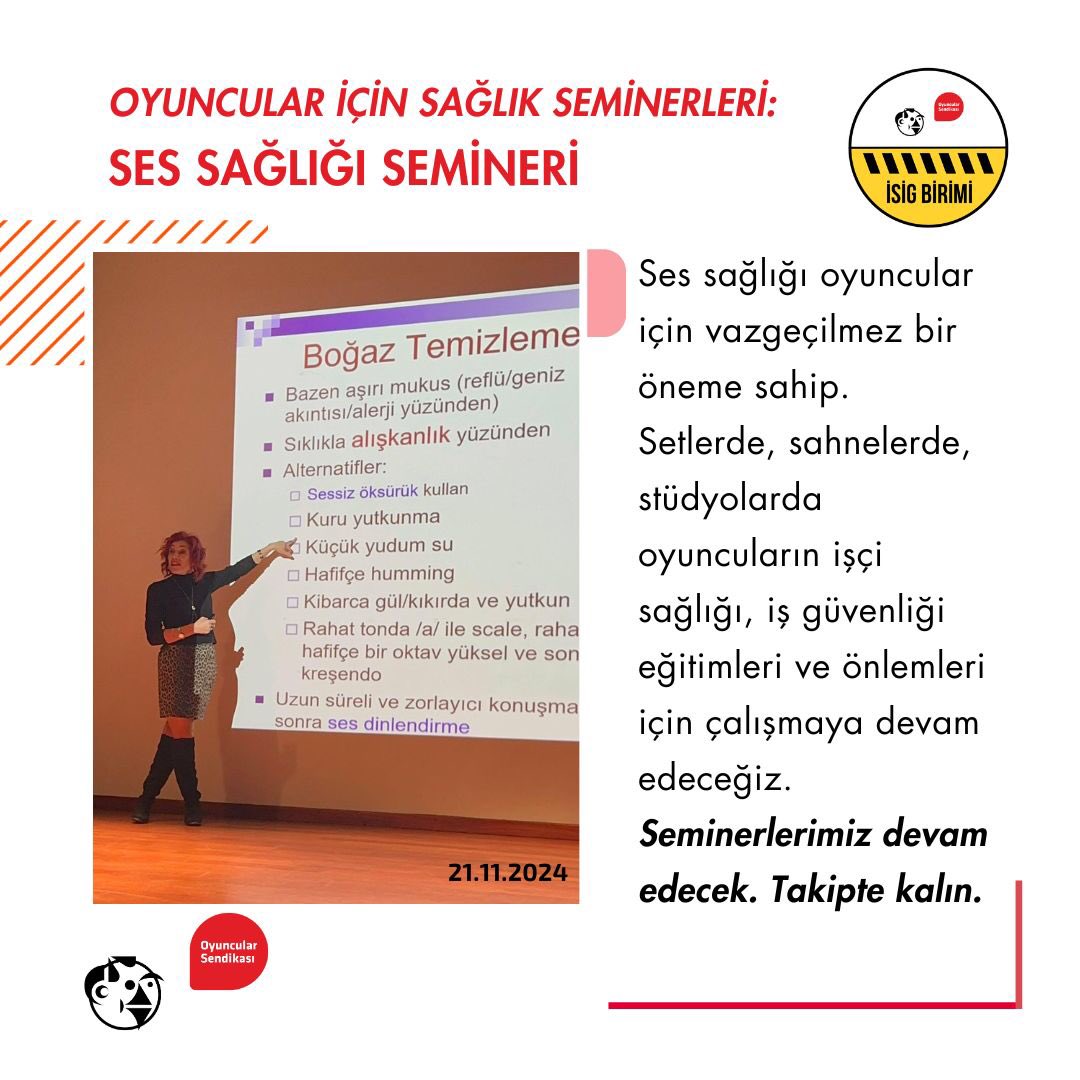 Oyuncular Sendikası (@oyuncusendika) on Twitter photo Oyuncular Sendikası İşçi Sağlığı ve İş Güvenliği Birimi olarak Oyuncular İçin Sağlık Seminerleri kapsamında Prof. Dr. KBB Uzmanı Sayın Sevtap Akbulut ile ilk eğitimimizi yaptık. 
++ Oyuncular Sendikası İşçi Sağlığı ve İş Güvenliği Birimi olarak Oyuncular İçin Sağlık Seminerleri kapsamında Prof. Dr. KBB Uzmanı Sayın Sevtap Akbulut ile ilk eğitimimizi yaptık. 
++