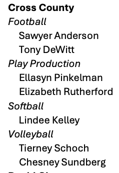 Congratulations to Cross County's Fall Sports Academic All-State recipients. <a href="/CrossCounty1/">Cross County</a>