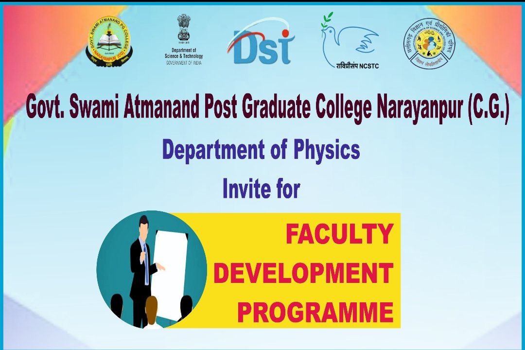 chandakbhagwan1's tweet image. Department of Physics @SwamiPg
#FACULTY_DEVELOPMENT_PROGRAM under the #NSD2025 for college/H.S.School teacher.
Date 08 January 2025
Time 11:55 PM
Note: Only one senior teacher from each Institution at @NarayanpurDist
Registration Link:-
forms.gle/uWVkf3nfCyw1Nq…
@CGHigherEdu