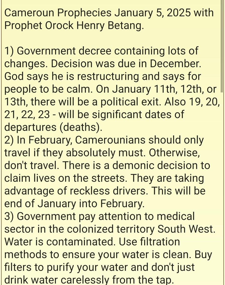Innocent Chia (@innochia) on Twitter photo London, UK 🇬🇧 - January 5, 2025 - In his first prophetic outing in 2025, <a href="/AngelOrockhenry/">Orock Henry Betang</a> is pleading with travelers in Cameroon to only travel of necessity this end of January & all of February. The demonic decision to claim lives on highways is facilitated by reckless driving. London, UK 🇬🇧 - January 5, 2025 - In his first prophetic outing in 2025, <a href="/AngelOrockhenry/">Orock Henry Betang</a> is pleading with travelers in Cameroon to only travel of necessity this end of January & all of February. The demonic decision to claim lives on highways is facilitated by reckless driving.