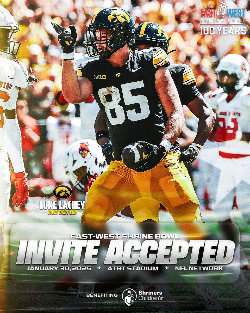 TEU 🙌

TE Luke Lachey (<a href="/luke_lachey/">Luke Lachey</a>) from <a href="/HawkeyeFootball/">Hawkeye Football</a> has officially accepted his invite to the 100th East-West #ShrineBowl!

#Hawkeyes | #ShrineBowlWHOSNEXT 😎