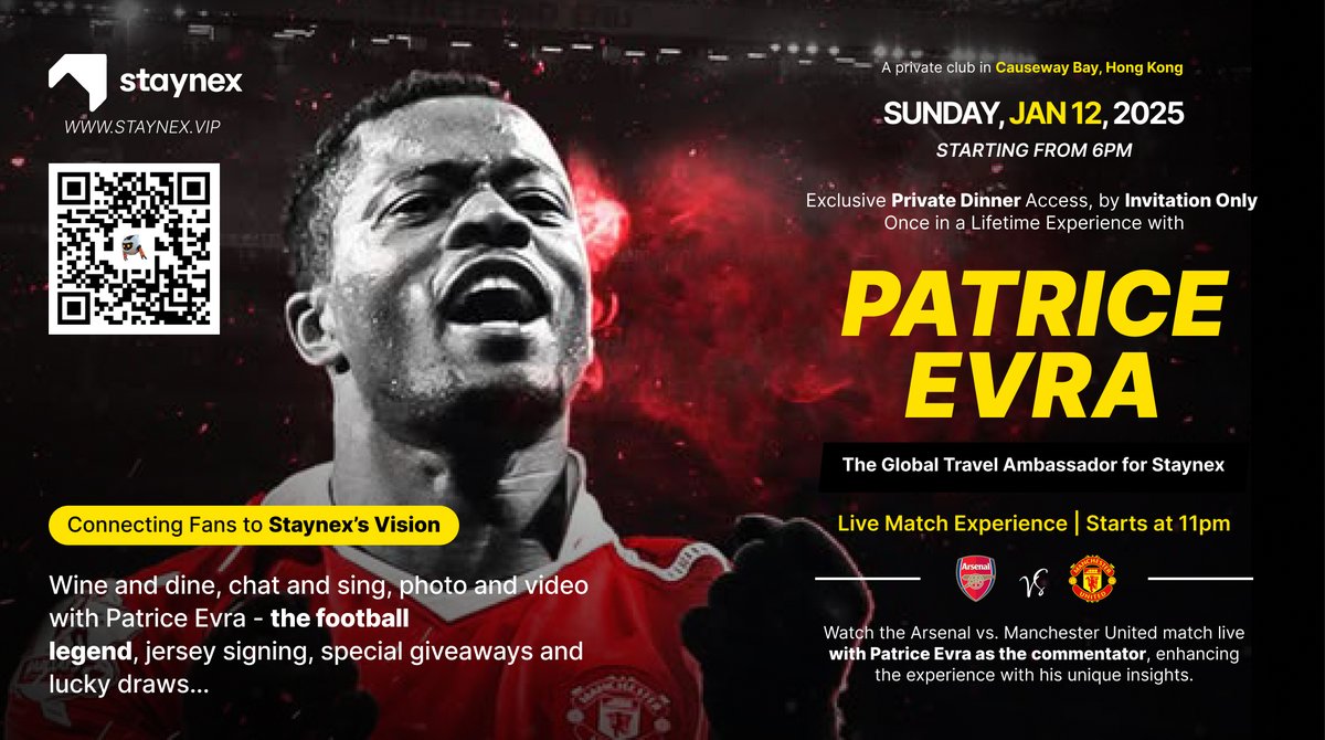 📢 All Eyes Here! 👀

🔥 This is the Moment Football Fans Have Been Waiting For! ⚽️

🎇 Staynex is proud to announce an exclusive private dinner hosted by Patrice <a href="/Evra/">Patrice Evra</a> in Causeway Bay, Hong Kong, on January 12th! 📅

📅 Dates: January 11-13, 2025
📍 Location: Hong Kong
🎟