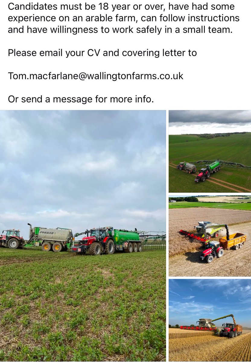 macfarlane_2's tweet photo. 🌾Experienced Tractor Drivers Required 

 ⏰Spring &amp; Summer Positions Available 

📍Royston, Herts

3,500 acres of arable crops &amp; large AD plant on site.

1x Spring Work  (Feb-May) 
3x Summer harvest  (July- Sept) 
Please email CV to

Tom.macfarlane@wallingtonfarms.co.uk https://t.co/JN2Eyjv2ig