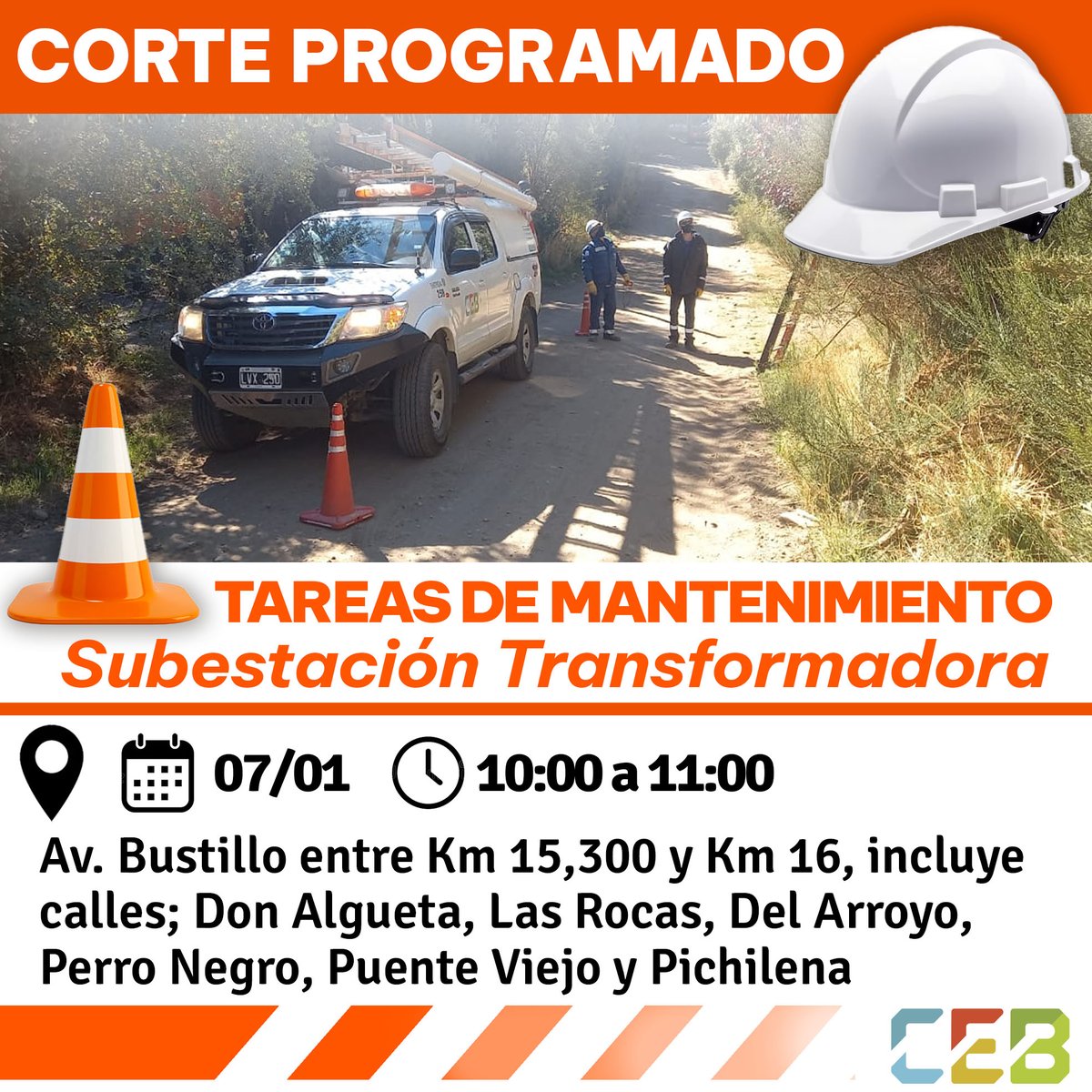 El martes 7 de enero, de 10:00 a 11:00 Hs., habrá corte de energía en Av. Bustillo (Km 15,300 - Km 16) y calles Don Algueta, Las Rocas, Del Arroyo, Perro Negro, Puente Viejo y Pichilena
Realizaremos tareas de mantenimiento preventivo en la Subestación Transformadora