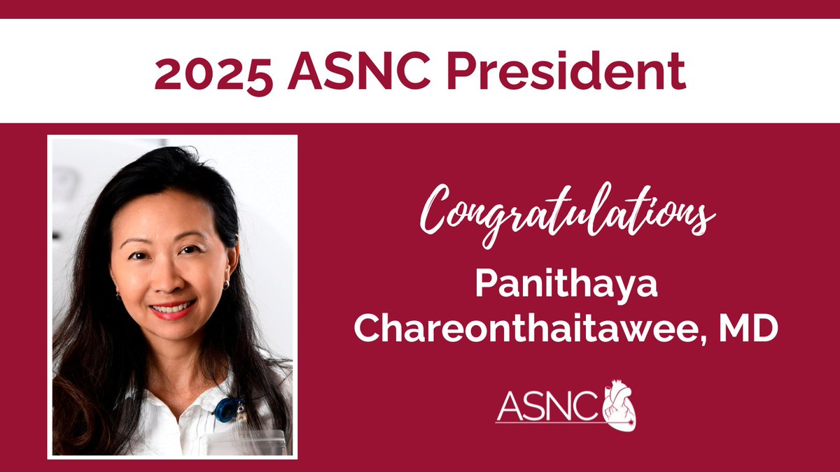 ASNC Society (@myasnc) on Twitter photo ASNC proudly announces Dr. Panithaya Chareonthaitawee as our 2025 President!🎉
In her President’s Message, <a href="/PanithayaC/">Panithaya Chareonthaitawee MD</a> emphasizes Charting a Responsible Path to Innovation—embracing the latest technology w/ safety, quality & #PatientFirst care.
Read now👉bit.ly/4j5ZWLR ASNC proudly announces Dr. Panithaya Chareonthaitawee as our 2025 President!🎉
In her President’s Message, <a href="/PanithayaC/">Panithaya Chareonthaitawee MD</a> emphasizes Charting a Responsible Path to Innovation—embracing the latest technology w/ safety, quality & #PatientFirst care.
Read now👉bit.ly/4j5ZWLR