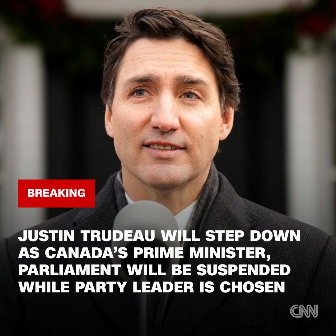 CNN's tweet image. Justin Trudeau says he will step down as Canada's prime minister and that parliament will be suspended while a new party leader is chosen cnn.it/4fQoDJk