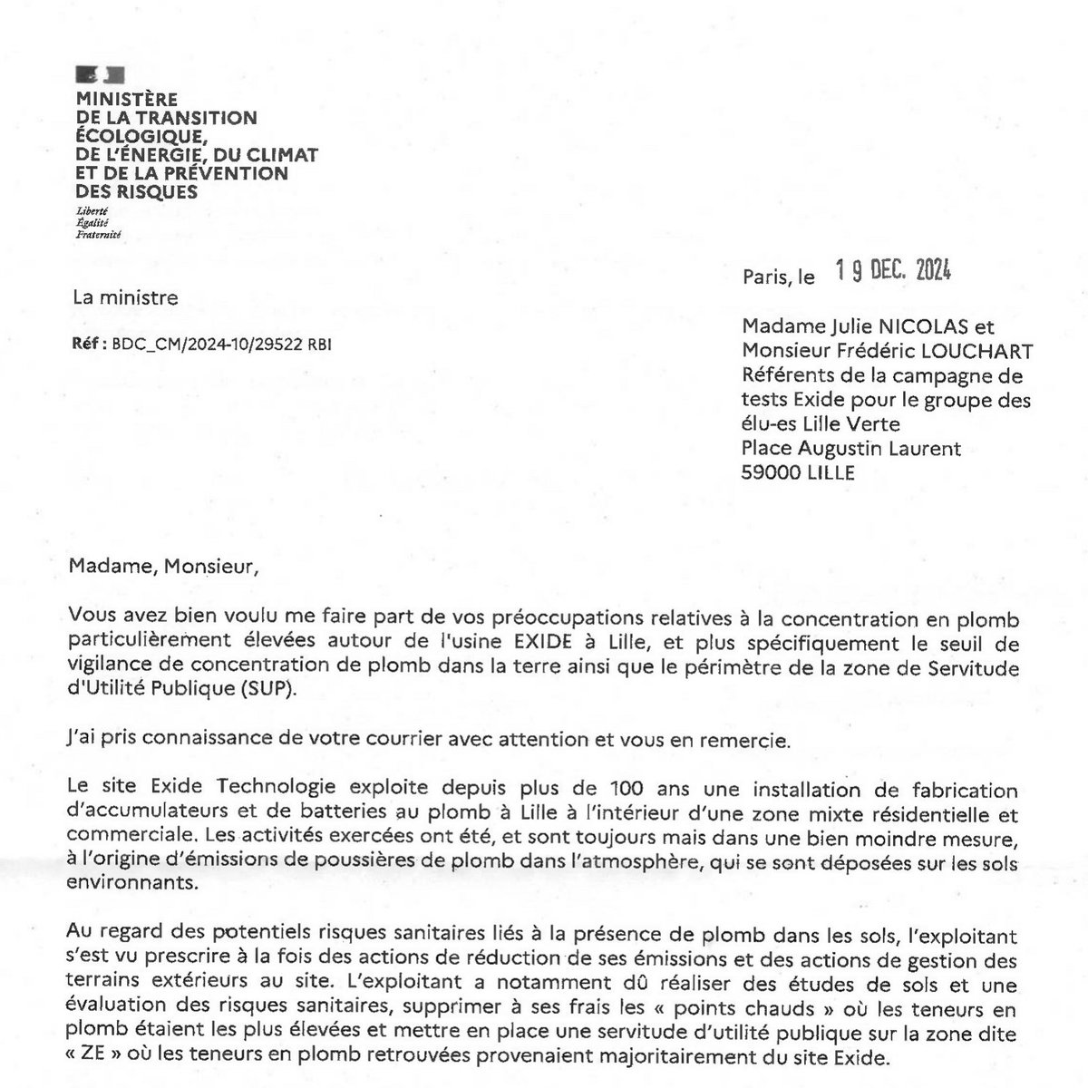 🏭 Pollution au plomb à Lille-Sud : la Ministre de la transition écologique nous répond !

Après l'ex-Premier ministre Michel Barnier, c'est au tour de la ministre de la transition écologique, <a href="/AgnesRunacher/">Agnès Pannier-Runacher 🇫🇷🇪🇺</a>, de nous répondre sur le dossier #EXIDE. 1/3 ⤵️