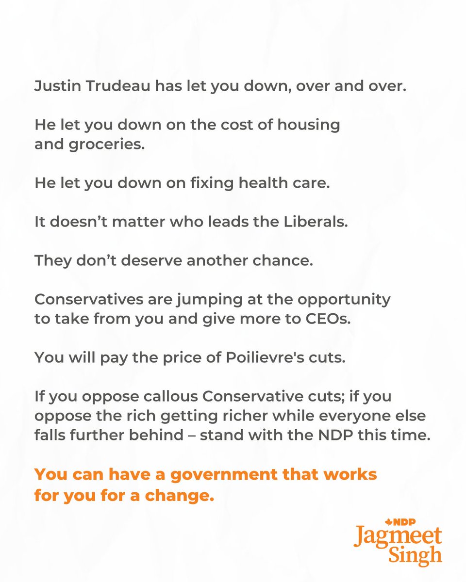 Below is my statement on Justin Trudeau’s resignation.  
 
If you oppose callous Conservative cuts. 

If you oppose the rich getting richer while everyone else falls further behind. 

Stand with the NDP this time: ndp.ca/fightback-tw