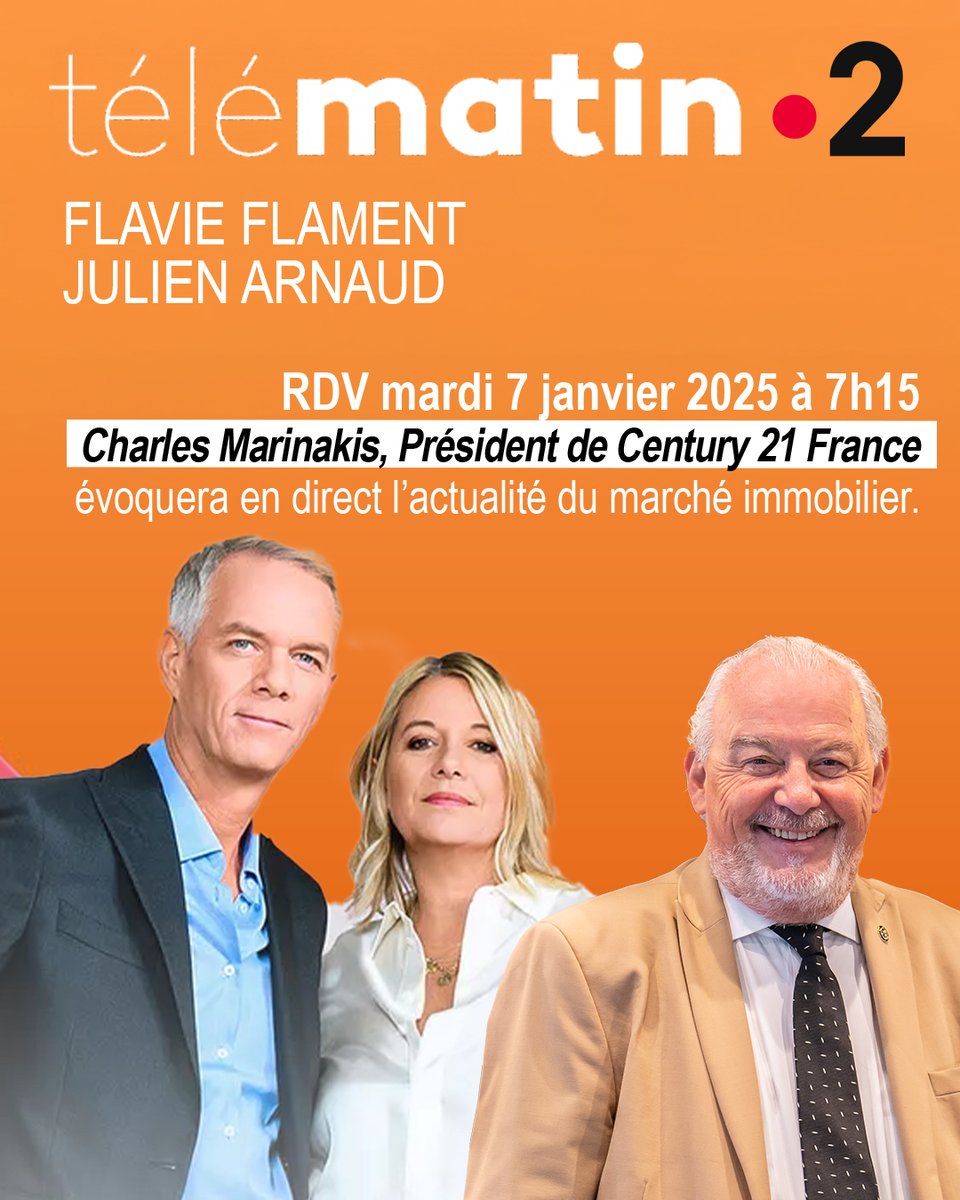 👉 𝗥𝗗𝗩 𝗺𝗮𝗿𝗱𝗶 𝟳 𝗷𝗮𝗻𝘃𝗶𝗲𝗿 𝟮𝟬𝟮𝟱 𝗮̀ 𝟳𝗵𝟭𝟱 sur France 2 !
<a href="/CFMARINAKIS/">Charles MARINAKIS</a> - Président de Century 21 France - évoquera en direct l'actualité du marché immobilier avec Flavie Flament et Julien Arnaud dans leur émission Télématin !
<a href="/FranceTV/">France tv</a> <a href="/telematin/">Telematin</a> 
#immobilier