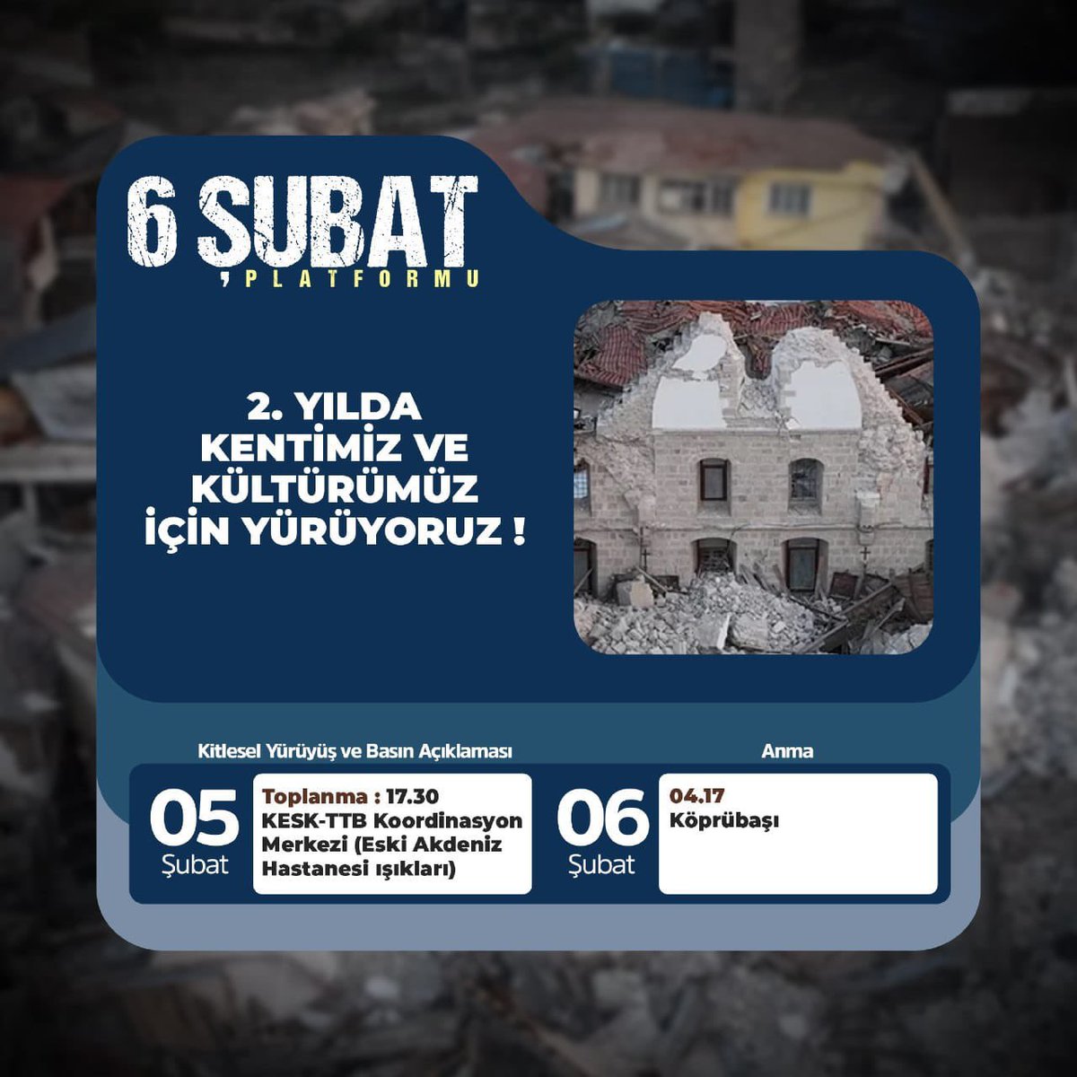 Depremin 2. Yılında kentimi ve kültürümüz için yürüyoruz.
#6ŞubattaHataydayız