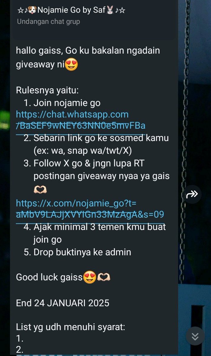 ｡⁠:GIVEAWAY BY NOJAMIE GO⊰⁠⊹ฺ

for 9 winners!
✧album verticalflip sealed random  1 pcs
✧album steady nct wish QR versi sealed 1 pcs
✧album only verticalflip Mark
✧pc QQ dreamscape 2 PC, masing" 1 &amp; random
✧pc nct ofc random buat 4 org
chat.whatsapp.com/BaSEF9wNEY63NN…
#zonauang