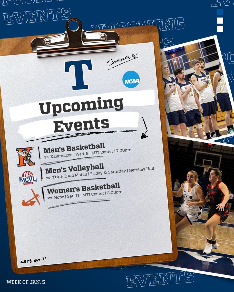 TrineBlueCrew (@trineblue) on Twitter photo First week of classes brings some Thunder Action to the Angola area. <a href="/TrineThunderMBB/">Trine MBB</a> hosts Kalamazoo on Wednesday. <a href="/TrineMVB/">Trine Men's Volleyball</a> hosts a Quad match to begin their season starting Friday Night. <a href="/TrineWBB/">Trine Women's BBall</a> has a HUGE home match up Saturday afternoon against Hope. Excited to be back. ⚡️ First week of classes brings some Thunder Action to the Angola area. <a href="/TrineThunderMBB/">Trine MBB</a> hosts Kalamazoo on Wednesday. <a href="/TrineMVB/">Trine Men's Volleyball</a> hosts a Quad match to begin their season starting Friday Night. <a href="/TrineWBB/">Trine Women's BBall</a> has a HUGE home match up Saturday afternoon against Hope. Excited to be back. ⚡️
