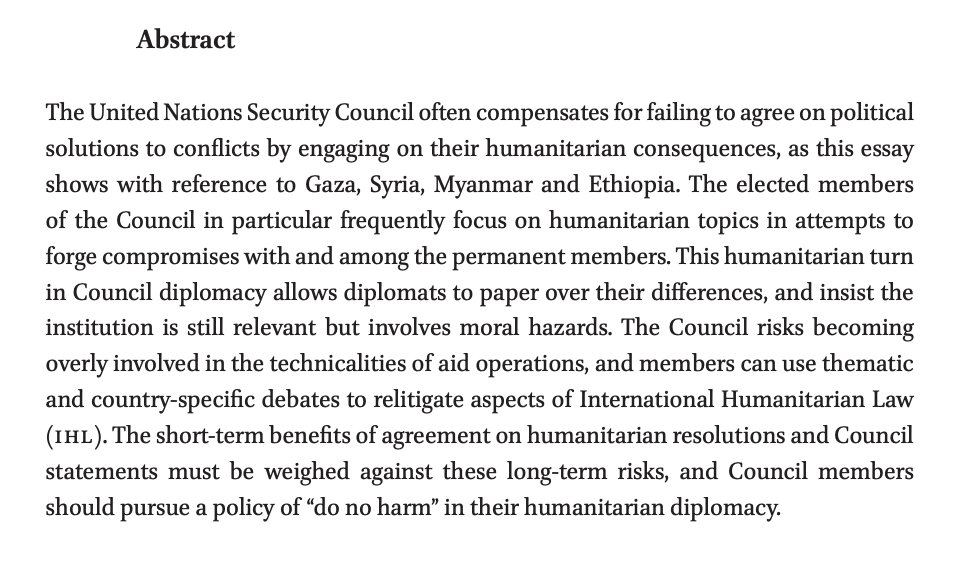 Some (mildly) academic writing from me to start 2025 at the Journal of International Peacekeeping on "the rise of the Humanitarian Council". 

Is the #UNSC defaulting to blessing humanitarian action in lieu of resolving conflicts, and is that a good idea?
brill.com/view/journals/…