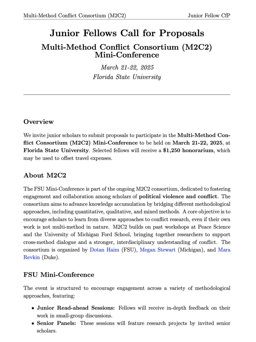 🚨 Call for Proposals! 🚨  

Seeking junior scholars of conflict &amp; violence for a multi-method mini-conference:

✨ March 21-22 @ FSU
✨ $1,250 honorarium
✨ Eligibility: &lt;3 yrs tenure track

📄 Full CfP: bit.ly/M2C2-CfP
📅 Apply by Jan 10: bit.ly/M2C2-Submit